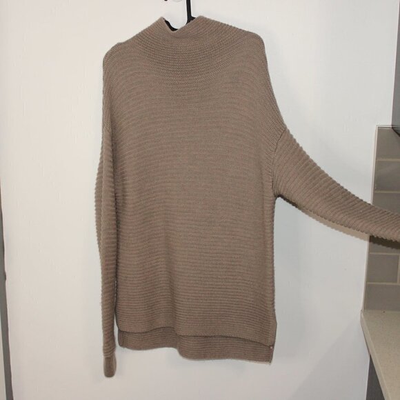Athleta Small Tan Lodge Ribbed Mock Neck 100% Extra Fine Merino Wool Sweater - Picture 3 of 6